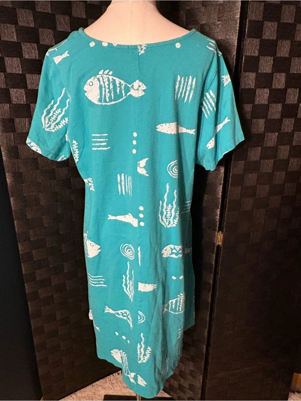 Cactus Turquoise Fish-Print Cotton Short Sleeve Pocketed Shift Dress nautical - Picture 3 of 6